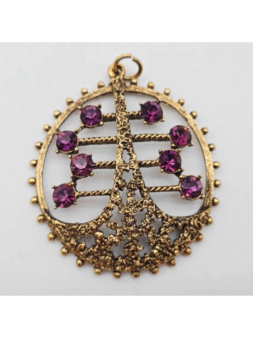 Gold Tone Filigree Pendant 8 Purple Rhinestones & Nuggets 1970s Vintage 2"
